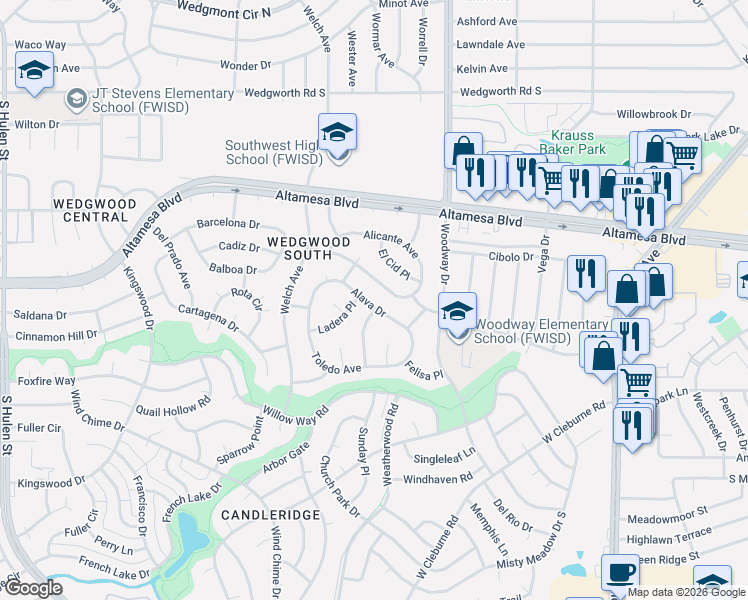 map of restaurants, bars, coffee shops, grocery stores, and more near 4100 Alava Drive in Fort Worth