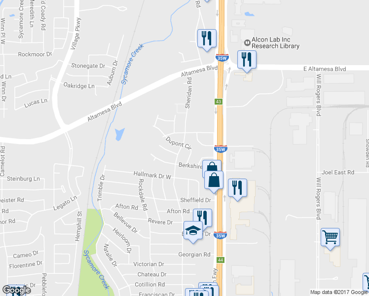 map of restaurants, bars, coffee shops, grocery stores, and more near 6701 Sheridan Road in Fort Worth
