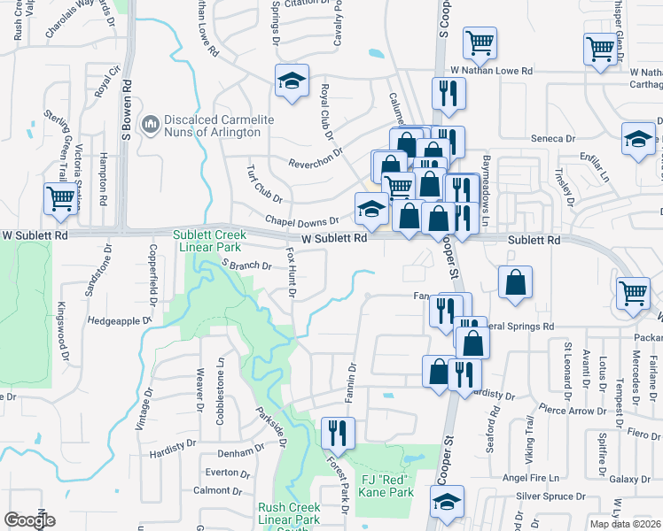 map of restaurants, bars, coffee shops, grocery stores, and more near 6009 Pinwood Circle in Arlington