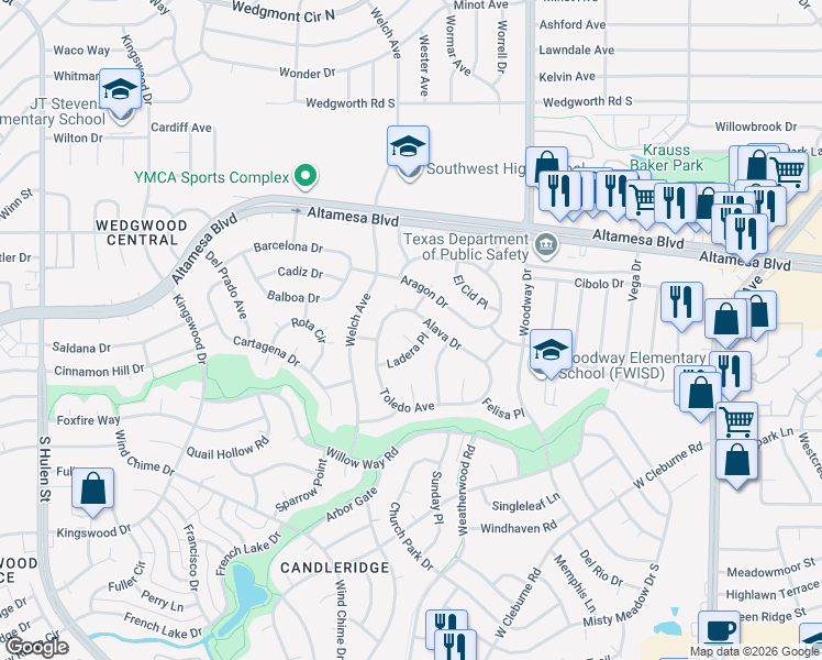 map of restaurants, bars, coffee shops, grocery stores, and more near 4154 Ladera Ct in Fort Worth