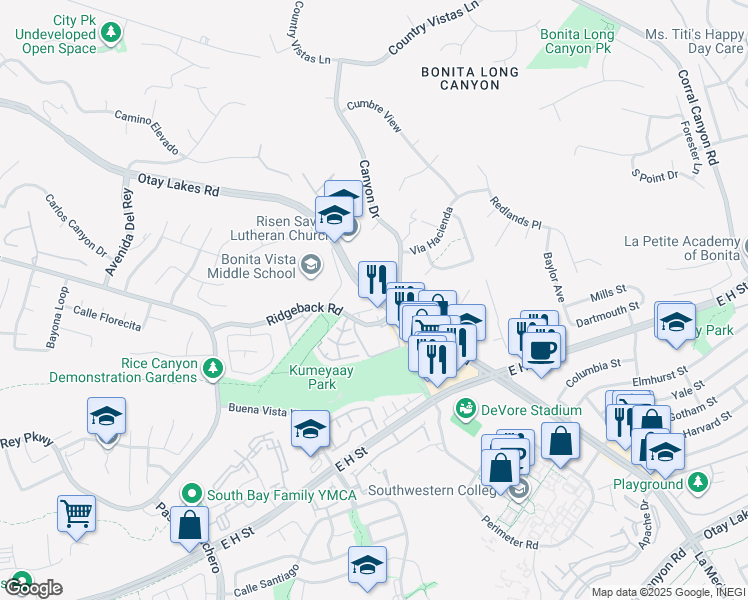 map of restaurants, bars, coffee shops, grocery stores, and more near Otay Lakes Road in Chula Vista