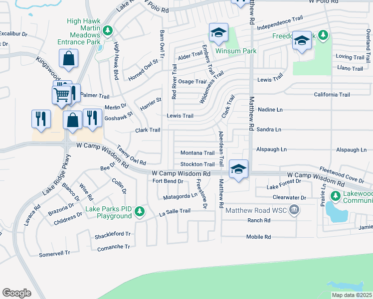 map of restaurants, bars, coffee shops, grocery stores, and more near 2106 Montana Trail in Grand Prairie