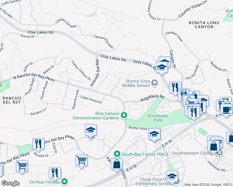 map of restaurants, bars, coffee shops, grocery stores, and more near 646 Felino Way in Chula Vista