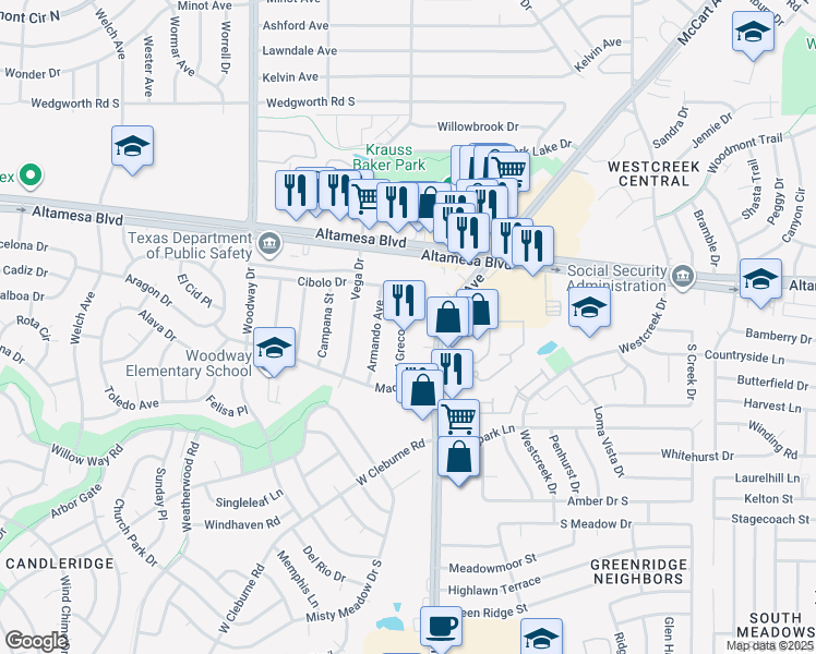 map of restaurants, bars, coffee shops, grocery stores, and more near 6601 El Greco Avenue in Fort Worth