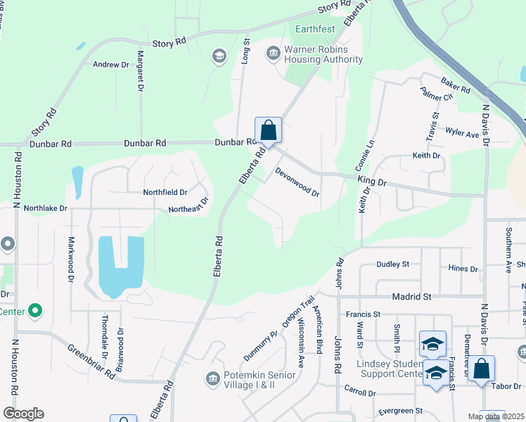 map of restaurants, bars, coffee shops, grocery stores, and more near 117 Malachi Drive in Warner Robins