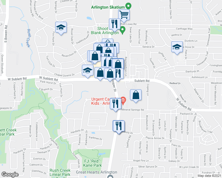map of restaurants, bars, coffee shops, grocery stores, and more near 6006 South Cooper Street in Arlington
