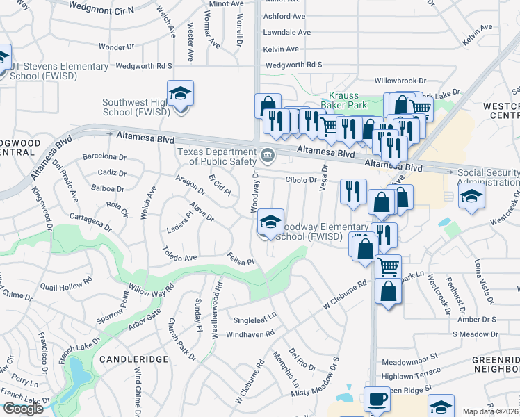 map of restaurants, bars, coffee shops, grocery stores, and more near 6609 Woodway Drive in Fort Worth