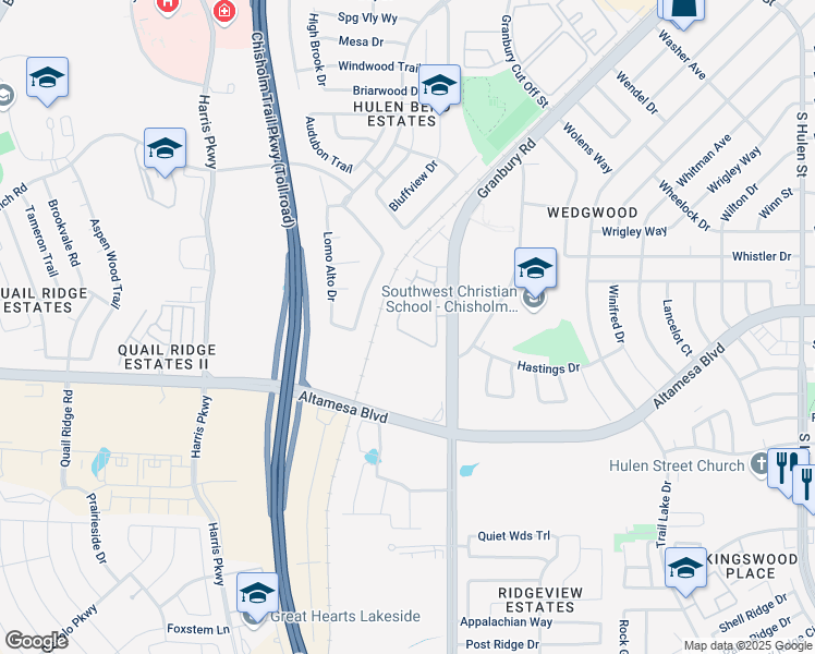 map of restaurants, bars, coffee shops, grocery stores, and more near 6869 Bayline Drive in Fort Worth