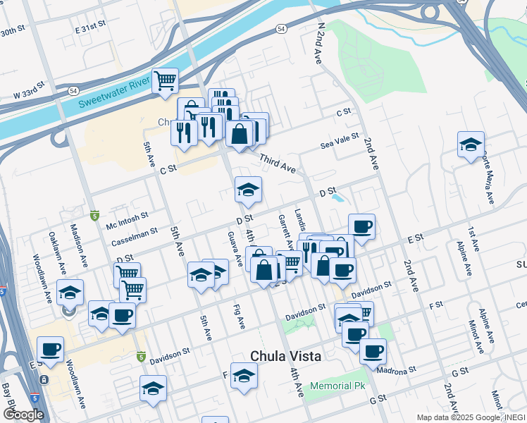 map of restaurants, bars, coffee shops, grocery stores, and more near 381 D Street in Chula Vista