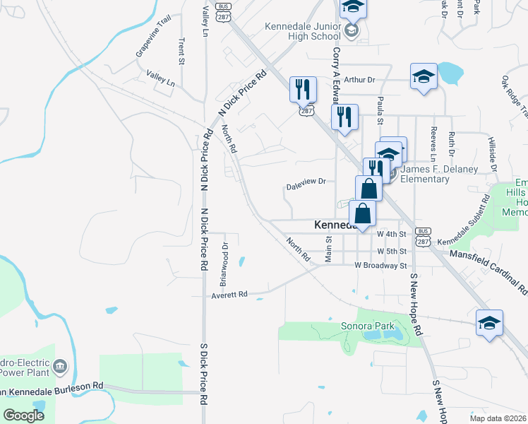 map of restaurants, bars, coffee shops, grocery stores, and more near 544 West 3rd Street in Kennedale