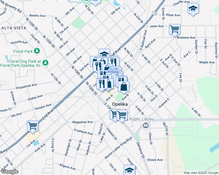 map of restaurants, bars, coffee shops, grocery stores, and more near 825 South Railroad Avenue in Opelika