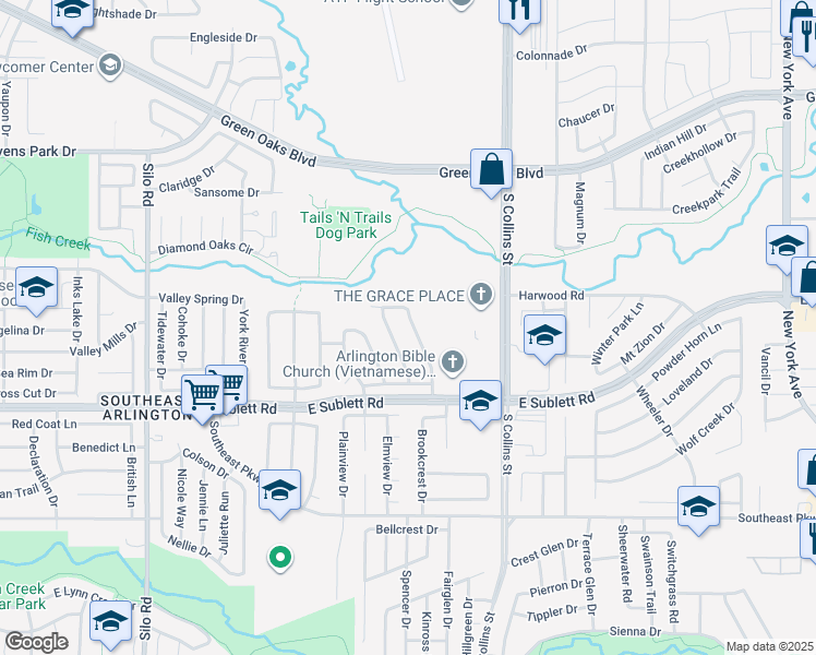 map of restaurants, bars, coffee shops, grocery stores, and more near 6006 Brook Forest Drive in Arlington