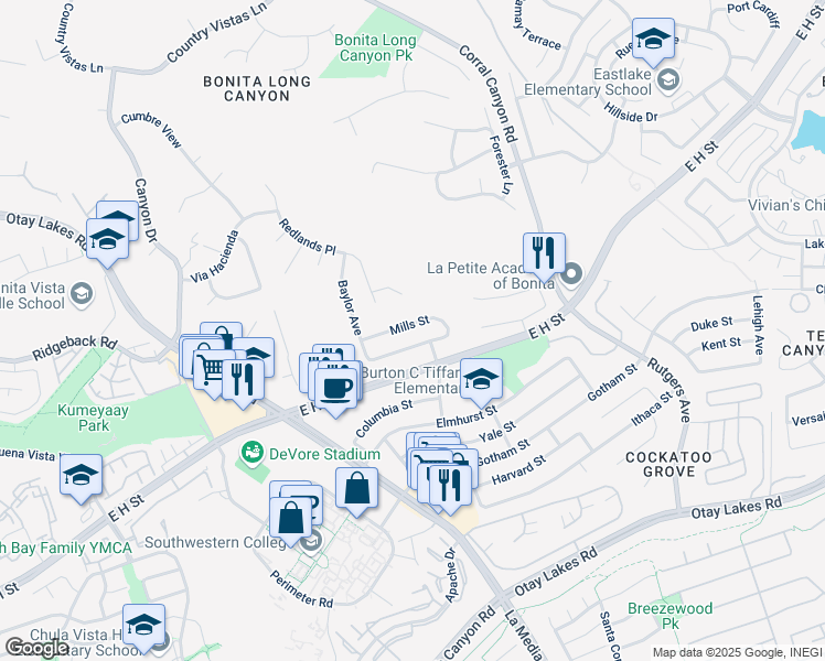 map of restaurants, bars, coffee shops, grocery stores, and more near 1638 Mills Street in Chula Vista