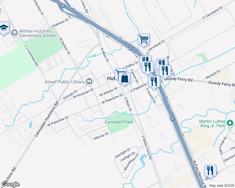 map of restaurants, bars, coffee shops, grocery stores, and more near 102 West Palestine Street in Hutchins