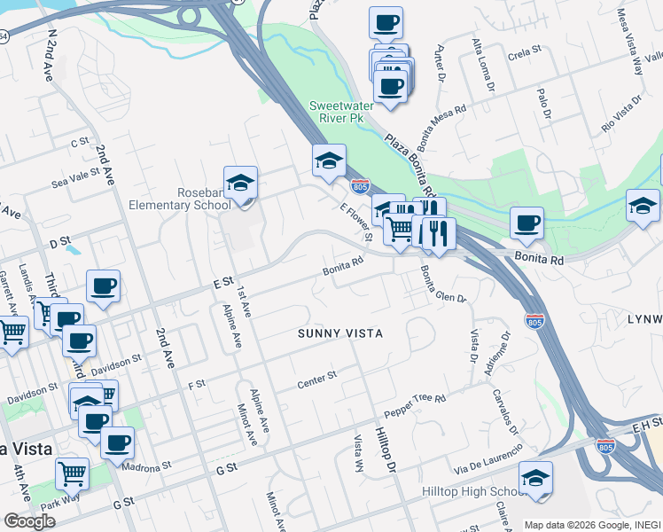 map of restaurants, bars, coffee shops, grocery stores, and more near 218 Hilltop Drive in Chula Vista