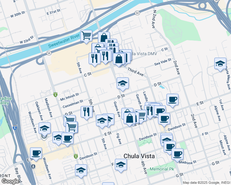 map of restaurants, bars, coffee shops, grocery stores, and more near 88 4th Avenue in Chula Vista
