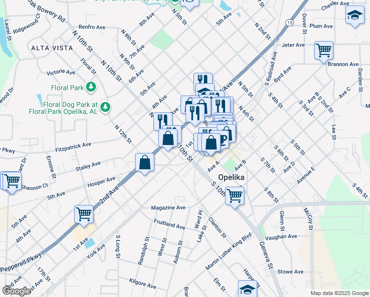 map of restaurants, bars, coffee shops, grocery stores, and more near 1006 1st Avenue in Opelika
