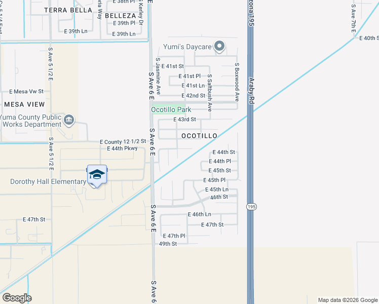map of restaurants, bars, coffee shops, grocery stores, and more near 6219 East 44th Street in Yuma