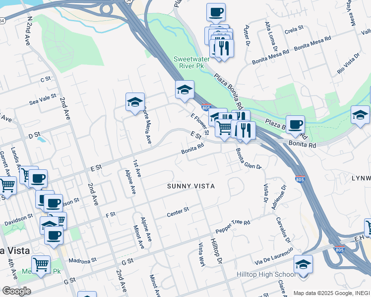 map of restaurants, bars, coffee shops, grocery stores, and more near 218 Hilltop Drive in Chula Vista