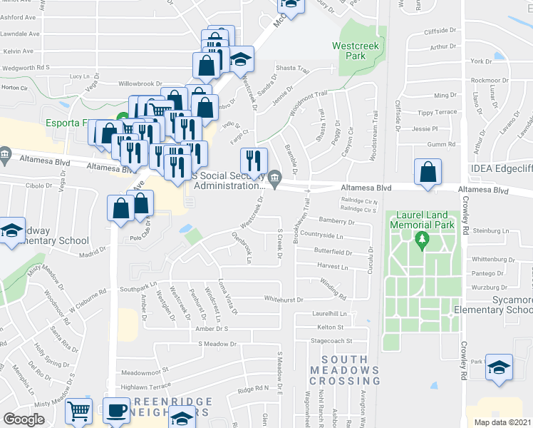 map of restaurants, bars, coffee shops, grocery stores, and more near 6611 South Creek Drive in Fort Worth