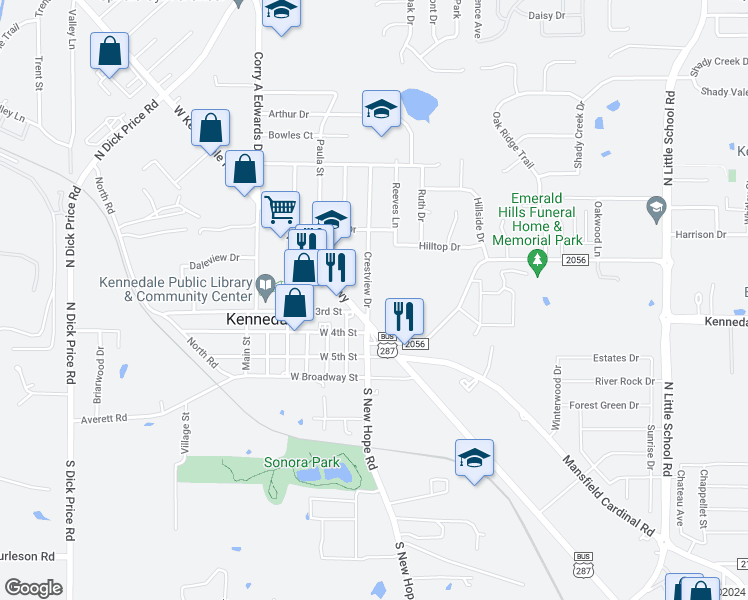 map of restaurants, bars, coffee shops, grocery stores, and more near 412 Crestview Dr in Kennedale