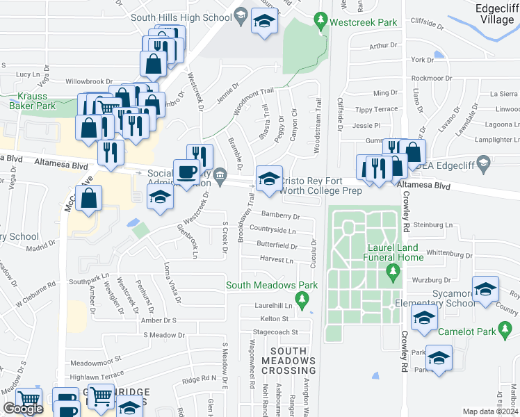 map of restaurants, bars, coffee shops, grocery stores, and more near 2628 Bamberry Drive in Fort Worth
