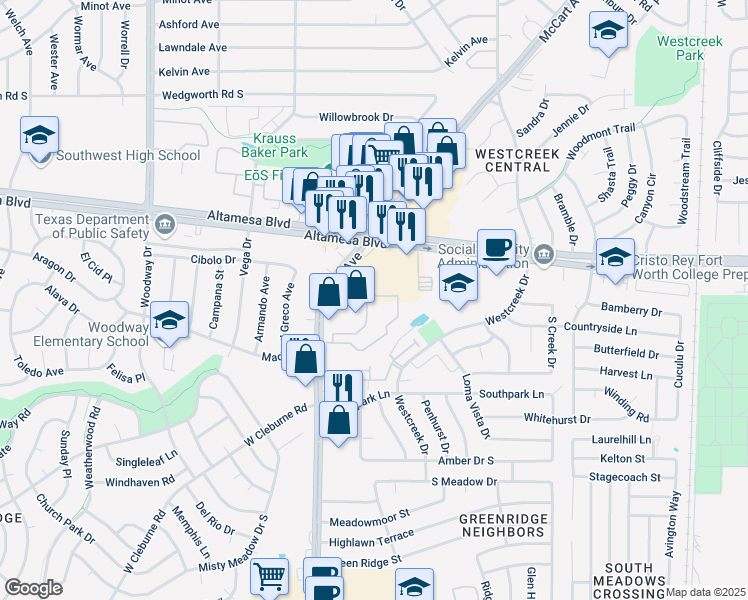 map of restaurants, bars, coffee shops, grocery stores, and more near 3251 Polo Club Drive North in Fort Worth