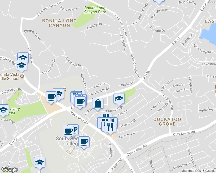 map of restaurants, bars, coffee shops, grocery stores, and more near 1661 Dartmouth Street in Chula Vista