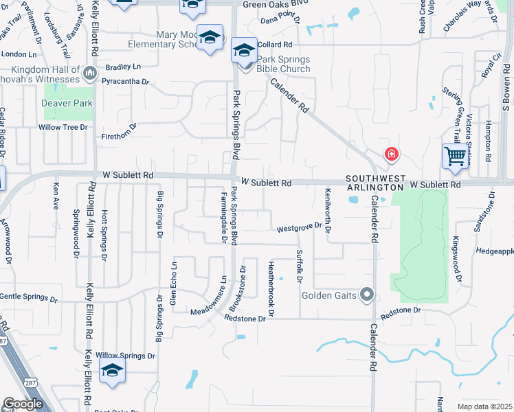 map of restaurants, bars, coffee shops, grocery stores, and more near 3611 Sandhurst Drive in Arlington