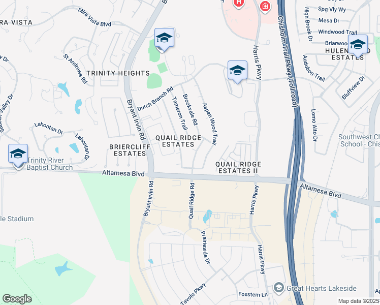 map of restaurants, bars, coffee shops, grocery stores, and more near 7605 Quail Ridge Court in Fort Worth