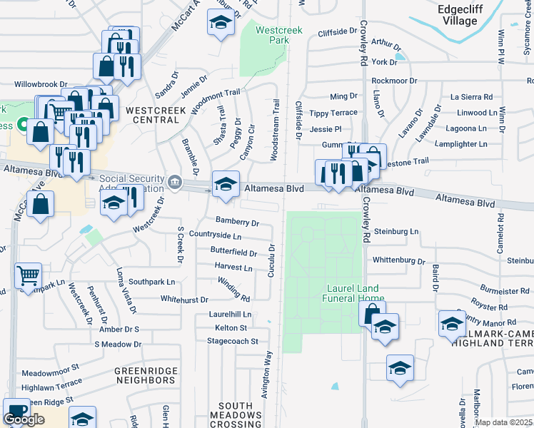map of restaurants, bars, coffee shops, grocery stores, and more near 2509 Railridge Circle South in Fort Worth