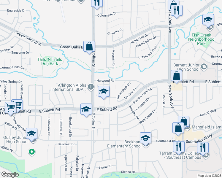 map of restaurants, bars, coffee shops, grocery stores, and more near 6011 Parkmeadow Drive in Arlington