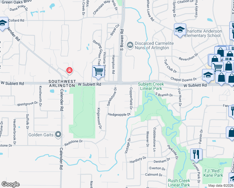 map of restaurants, bars, coffee shops, grocery stores, and more near 6011 Sandstone Dr in Arlington