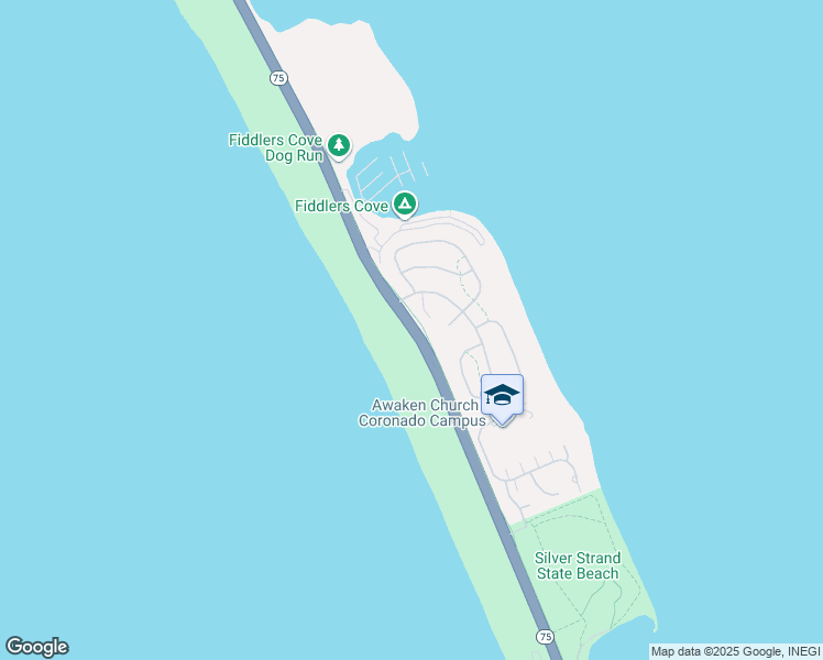 map of restaurants, bars, coffee shops, grocery stores, and more near Silver Strand Boulevard in Coronado