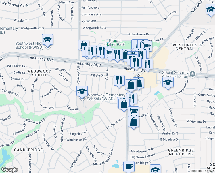map of restaurants, bars, coffee shops, grocery stores, and more near 6609 Vega Drive in Fort Worth