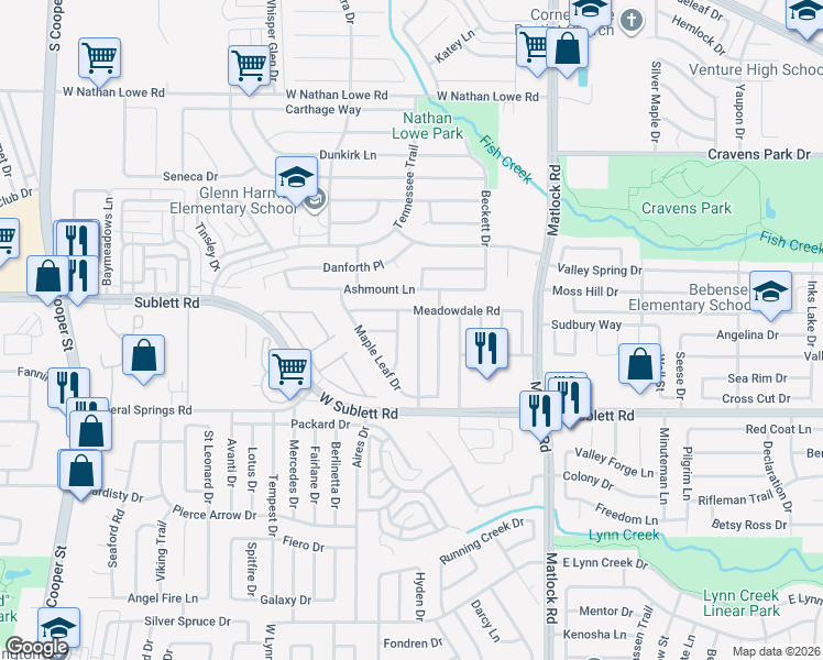 map of restaurants, bars, coffee shops, grocery stores, and more near 6006 Meadowside Trail in Arlington