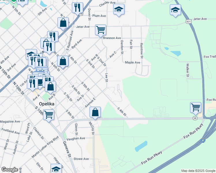 map of restaurants, bars, coffee shops, grocery stores, and more near 685 Lee Street in Opelika