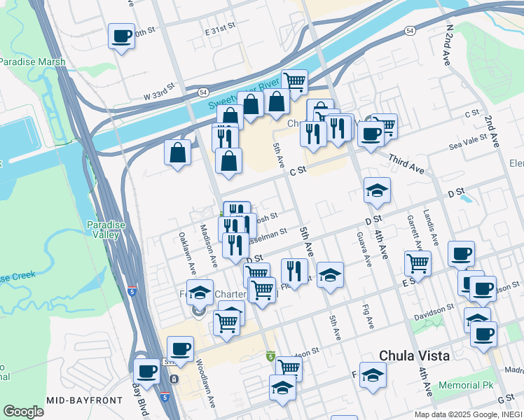 map of restaurants, bars, coffee shops, grocery stores, and more near 546 Sea Vale Court in Chula Vista