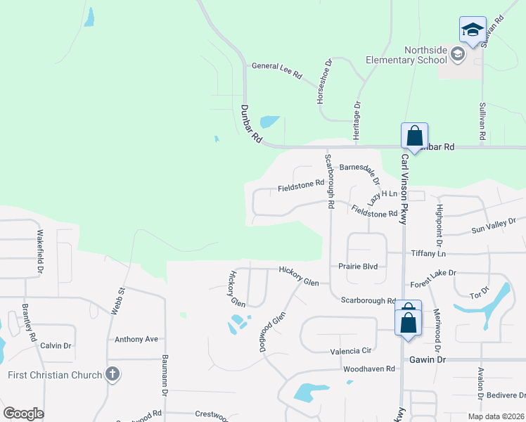 map of restaurants, bars, coffee shops, grocery stores, and more near 425 Fieldstone Road in Warner Robins