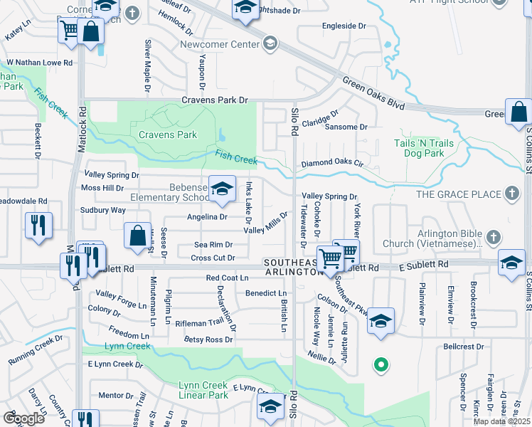 map of restaurants, bars, coffee shops, grocery stores, and more near 6003 Rocky Point Drive in Arlington