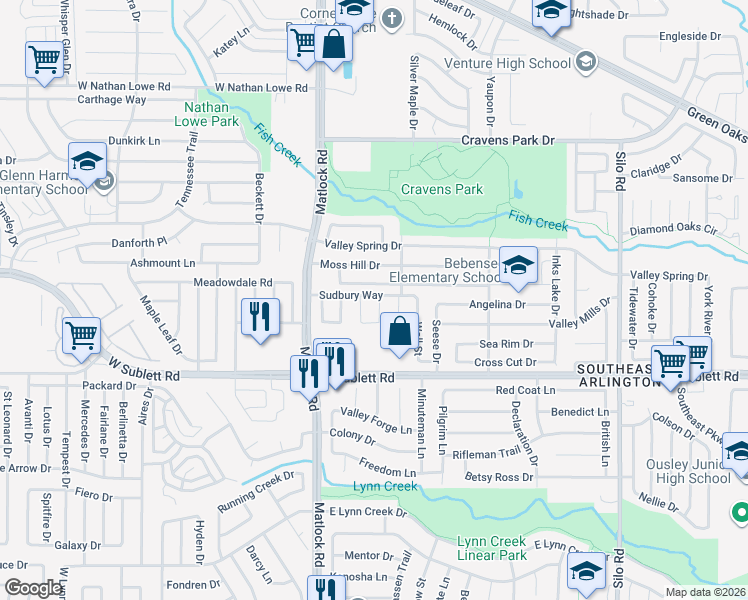 map of restaurants, bars, coffee shops, grocery stores, and more near 6000 Pacer Lane in Arlington