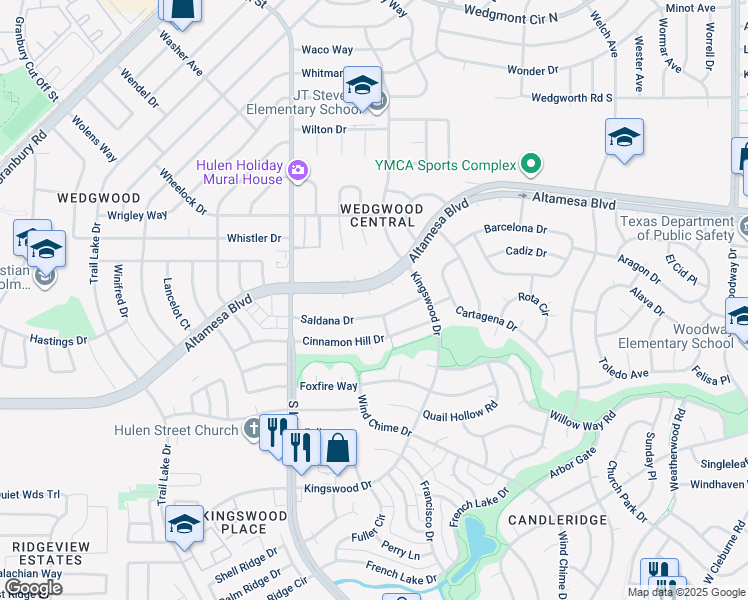 map of restaurants, bars, coffee shops, grocery stores, and more near 4529 Altamesa Boulevard in Fort Worth