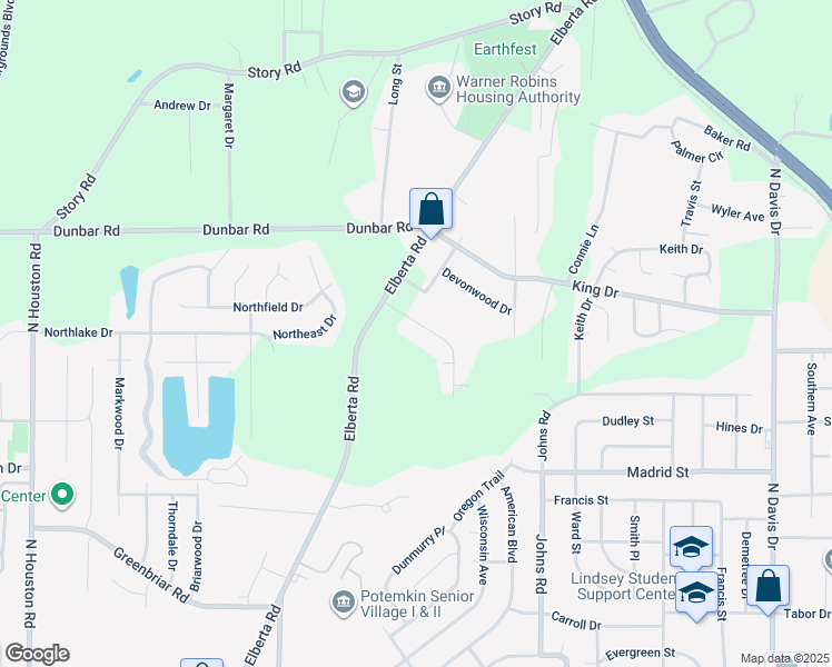 map of restaurants, bars, coffee shops, grocery stores, and more near 117 Malachi Drive in Warner Robins