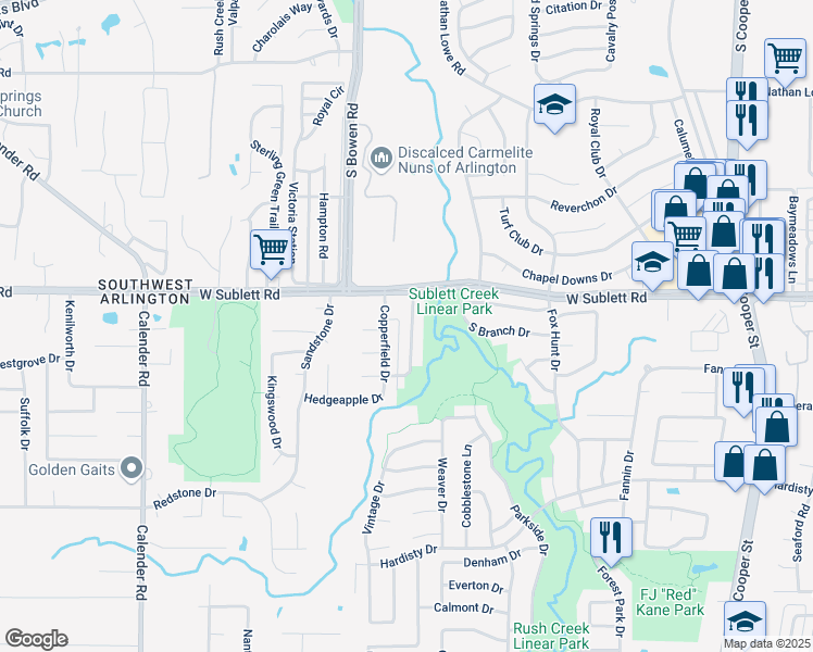 map of restaurants, bars, coffee shops, grocery stores, and more near 6014 Red Fern Drive in Arlington