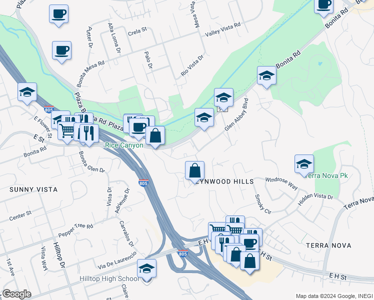 map of restaurants, bars, coffee shops, grocery stores, and more near 3150 Glen Abbey Boulevard in Chula Vista