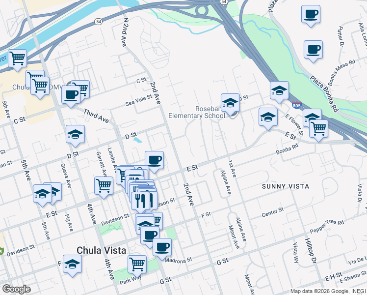 map of restaurants, bars, coffee shops, grocery stores, and more near 166A Las Flores Drive in Chula Vista