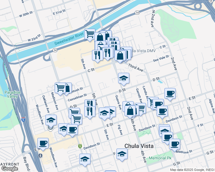 map of restaurants, bars, coffee shops, grocery stores, and more near 442 Casselman Street in Chula Vista