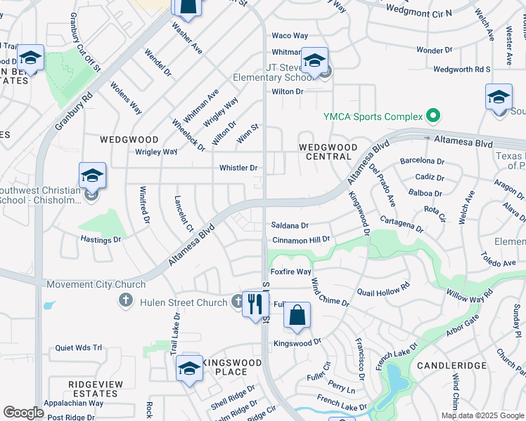 map of restaurants, bars, coffee shops, grocery stores, and more near 4701 Altamesa Boulevard in Fort Worth