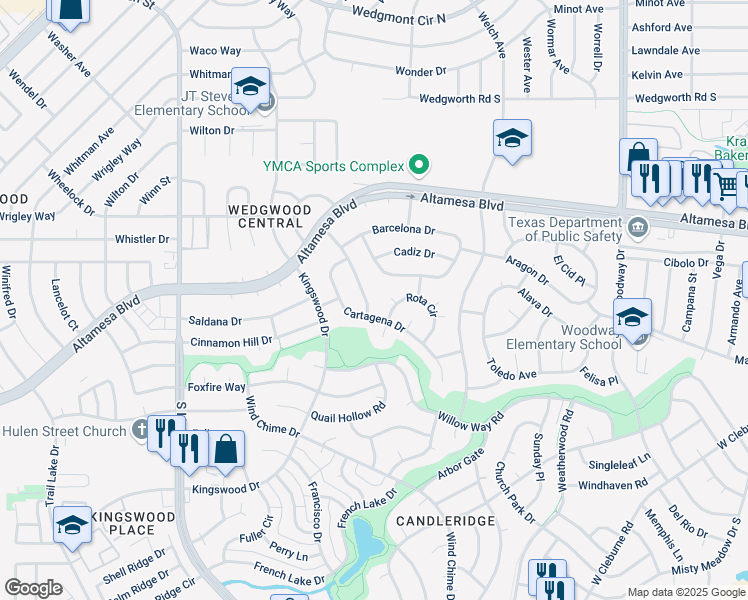 map of restaurants, bars, coffee shops, grocery stores, and more near 6805 Del Prado Avenue in Fort Worth