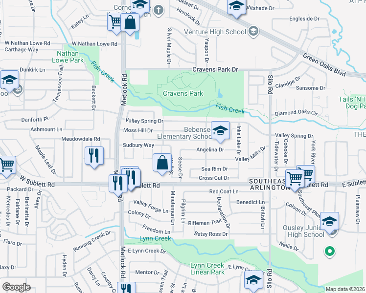 map of restaurants, bars, coffee shops, grocery stores, and more near 323 Angelina Drive in Arlington